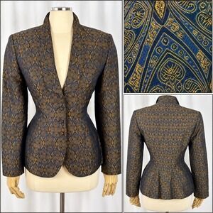 Vintage 80's Dark Academia Women's Size 6 Blue Gold Brocade Fitted Waist Blazer